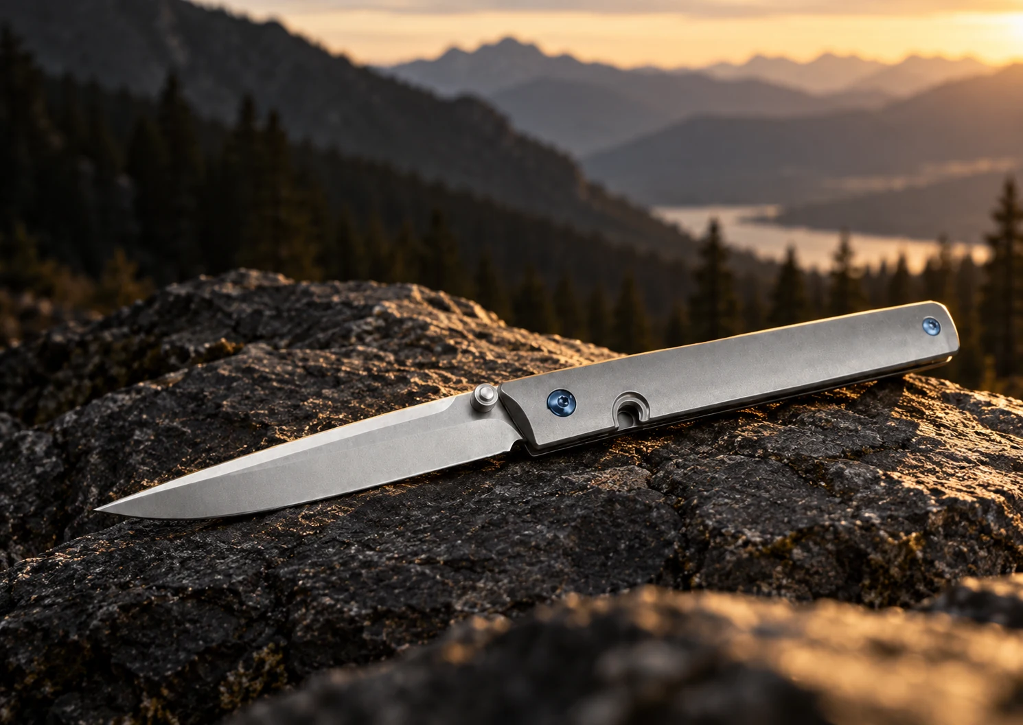 Sølvgrå foldekniv med blå detaljer på en mørk stein, med et skog- og fjellandskap i bakgrunnen.