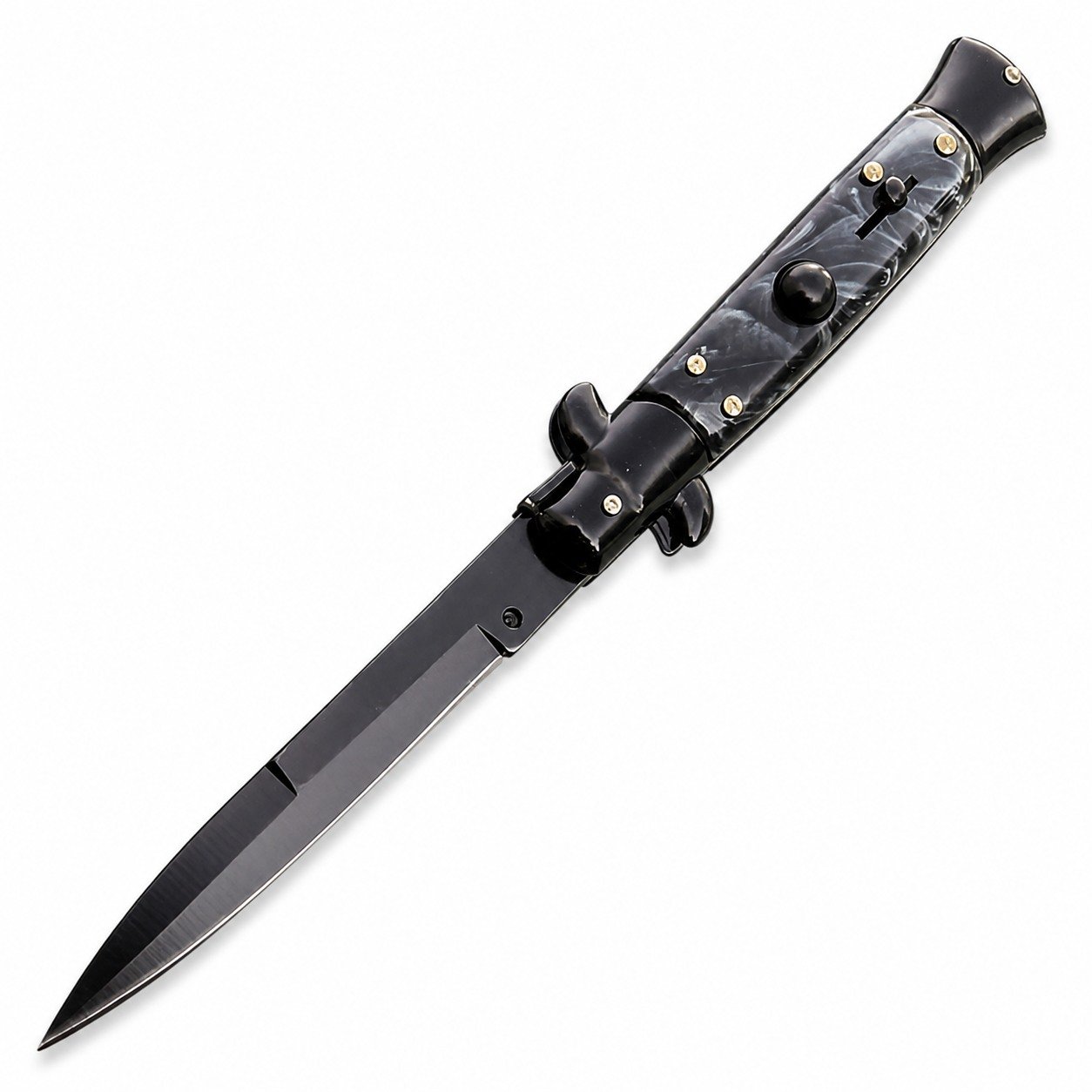 8.75 Inch Italian Stiletto Switchblade Knife – Black Pearl Handle